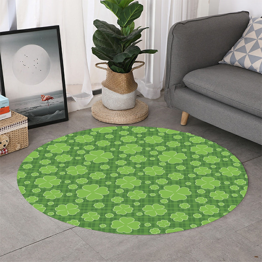 Green Shamrock Plaid Pattern Print Round Rug