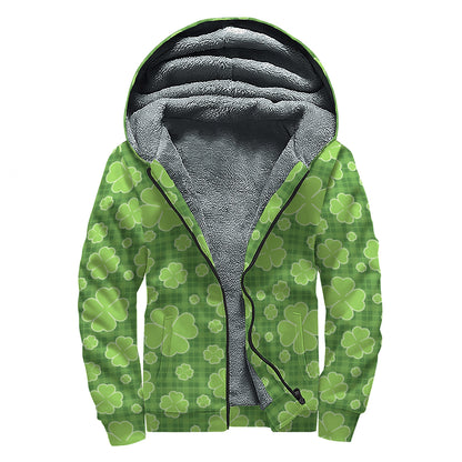Green Shamrock Plaid Pattern Print Sherpa Lined Zip Up Hoodie