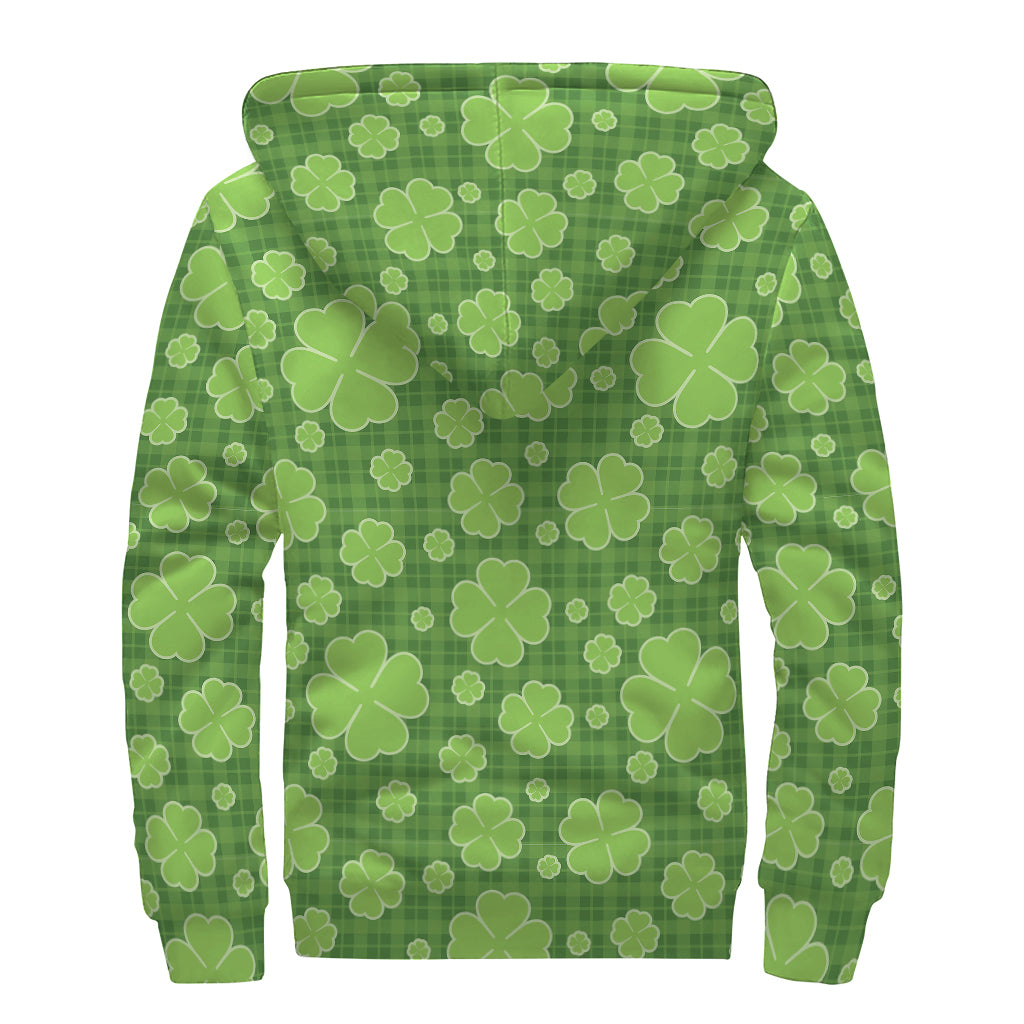 Green Shamrock Plaid Pattern Print Sherpa Lined Zip Up Hoodie
