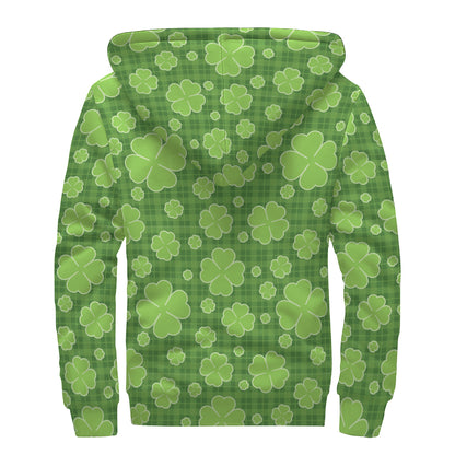 Green Shamrock Plaid Pattern Print Sherpa Lined Zip Up Hoodie