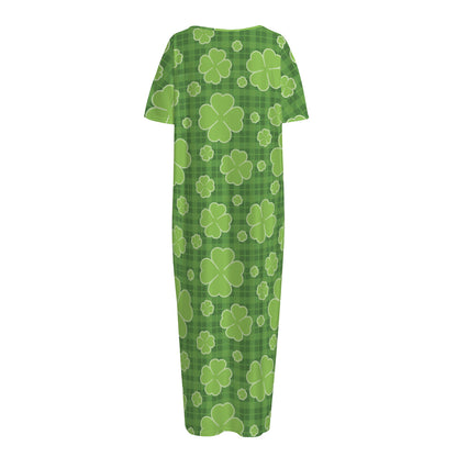 Green Shamrock Plaid Pattern Print Short Sleeve Long Nightdress