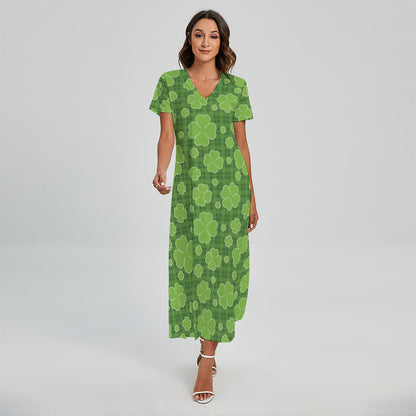 Green Shamrock Plaid Pattern Print Short Sleeve Maxi Dress