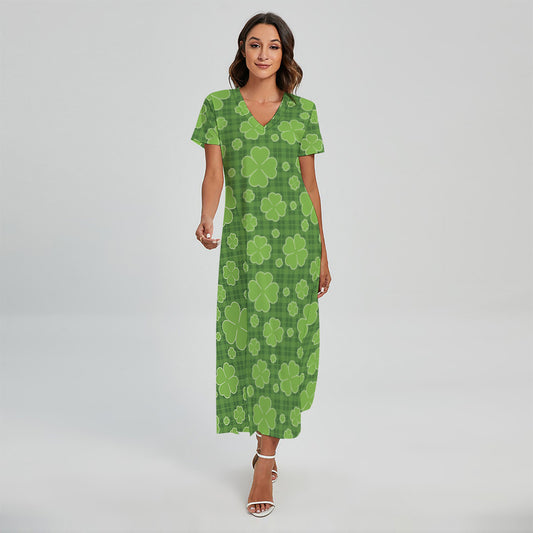 Green Shamrock Plaid Pattern Print Short Sleeve Maxi Dress