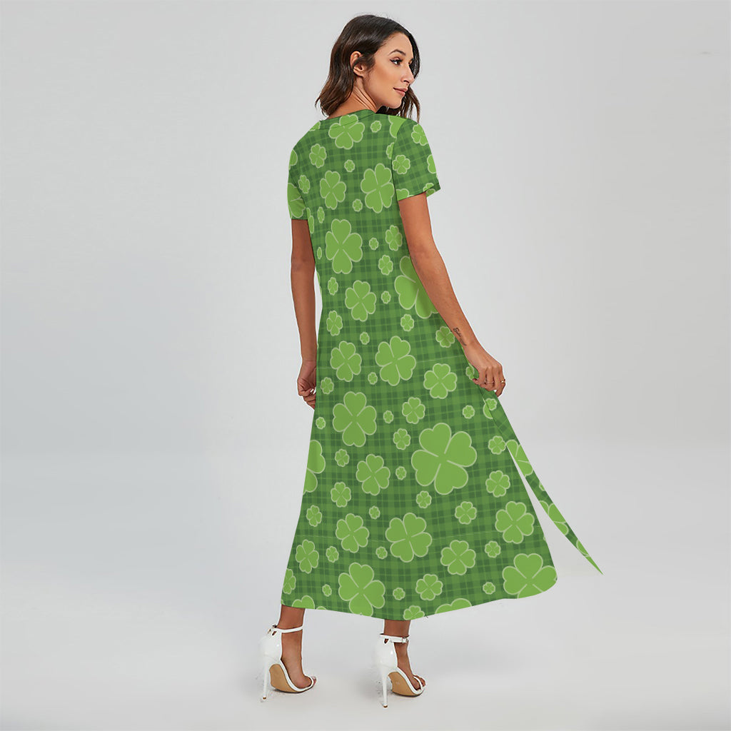 Green Shamrock Plaid Pattern Print Short Sleeve Maxi Dress