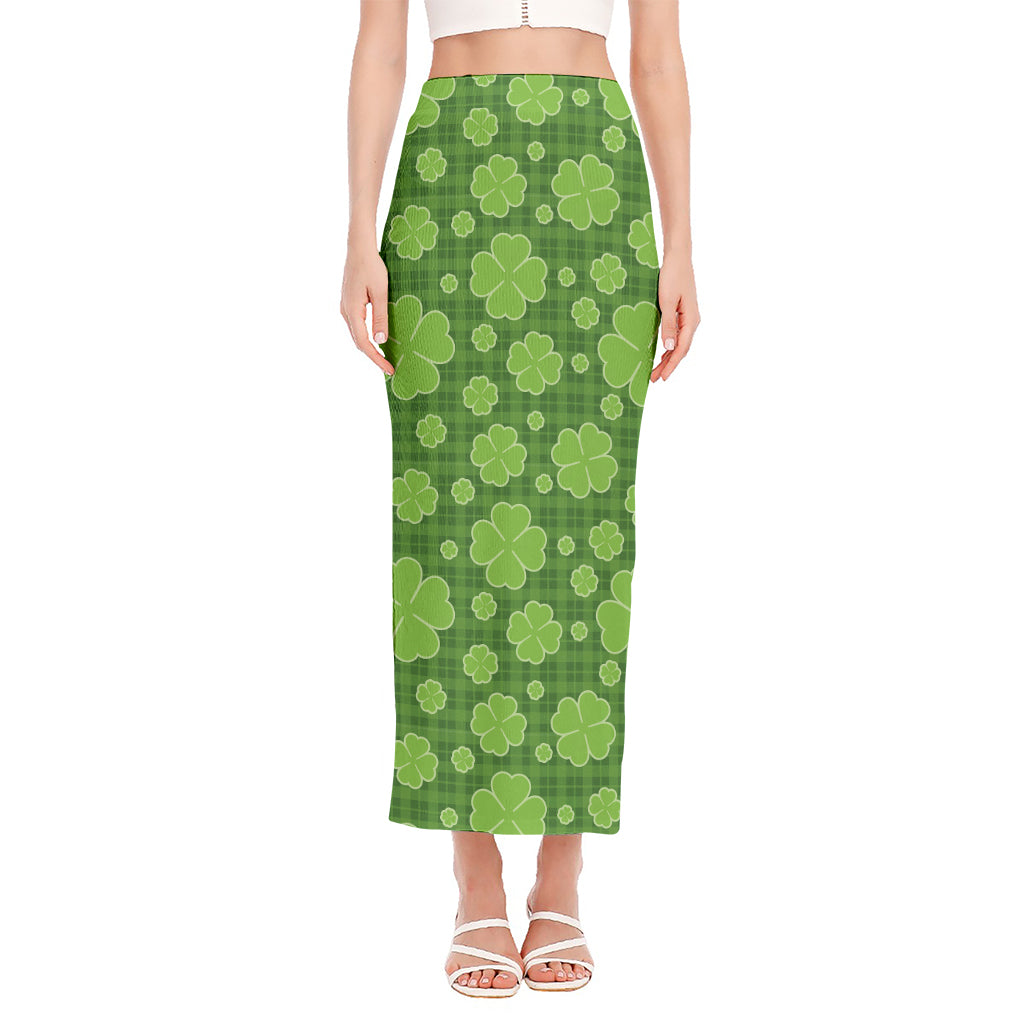 Green Shamrock Plaid Pattern Print Side Slit Maxi Skirt