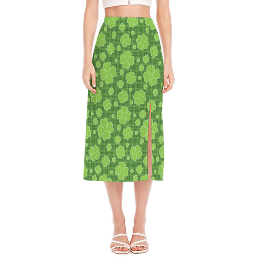 Green Shamrock Plaid Pattern Print Side Slit Midi Skirt
