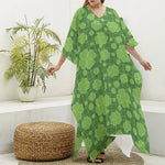 Green Shamrock Plaid Pattern Print Silk V-Neck Kaftan Dress