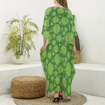 Green Shamrock Plaid Pattern Print Silk V-Neck Kaftan Dress