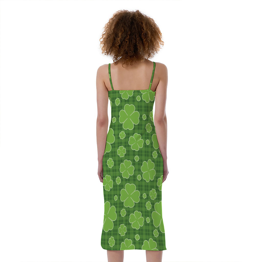 Green Shamrock Plaid Pattern Print Slim Fit Midi Cami Dress