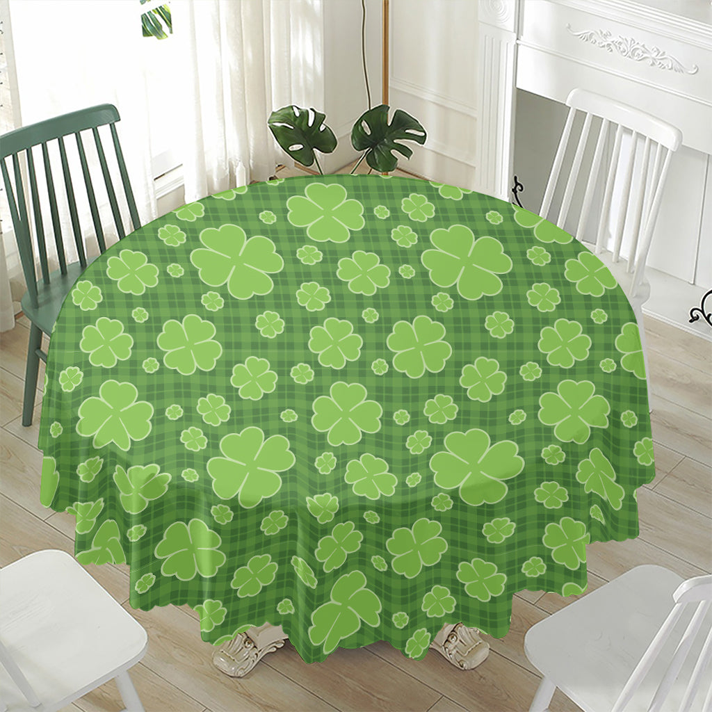 Green Shamrock Plaid Pattern Print Waterproof Round Tablecloth