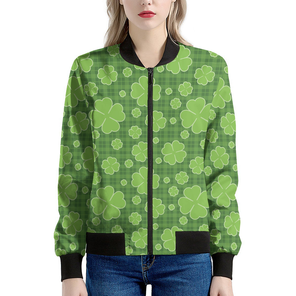 Green Shamrock Plaid Pattern Print Women's Bomber Jacket