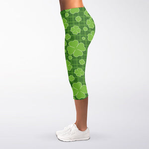 Green Shamrock Plaid Pattern Print Women's Capri Leggings