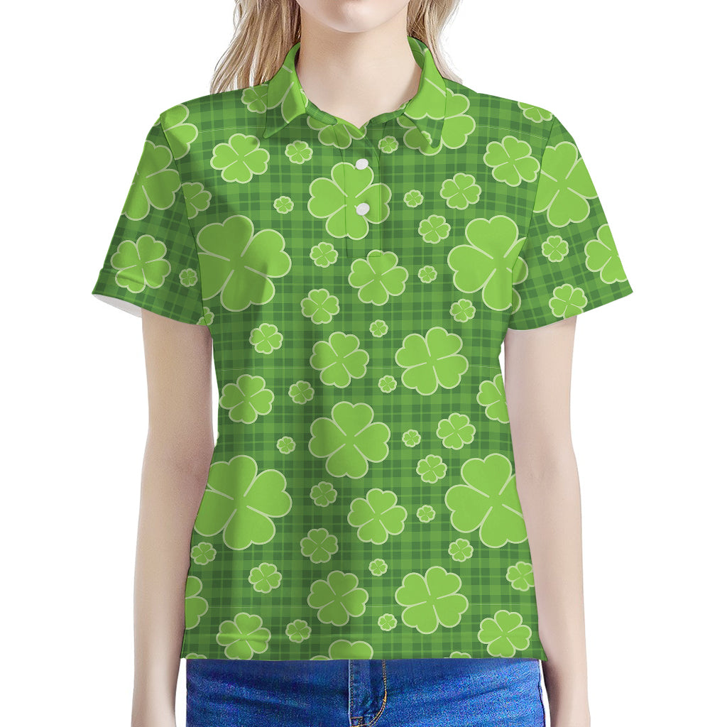 Green Shamrock Plaid Pattern Print Women's Polo Shirt