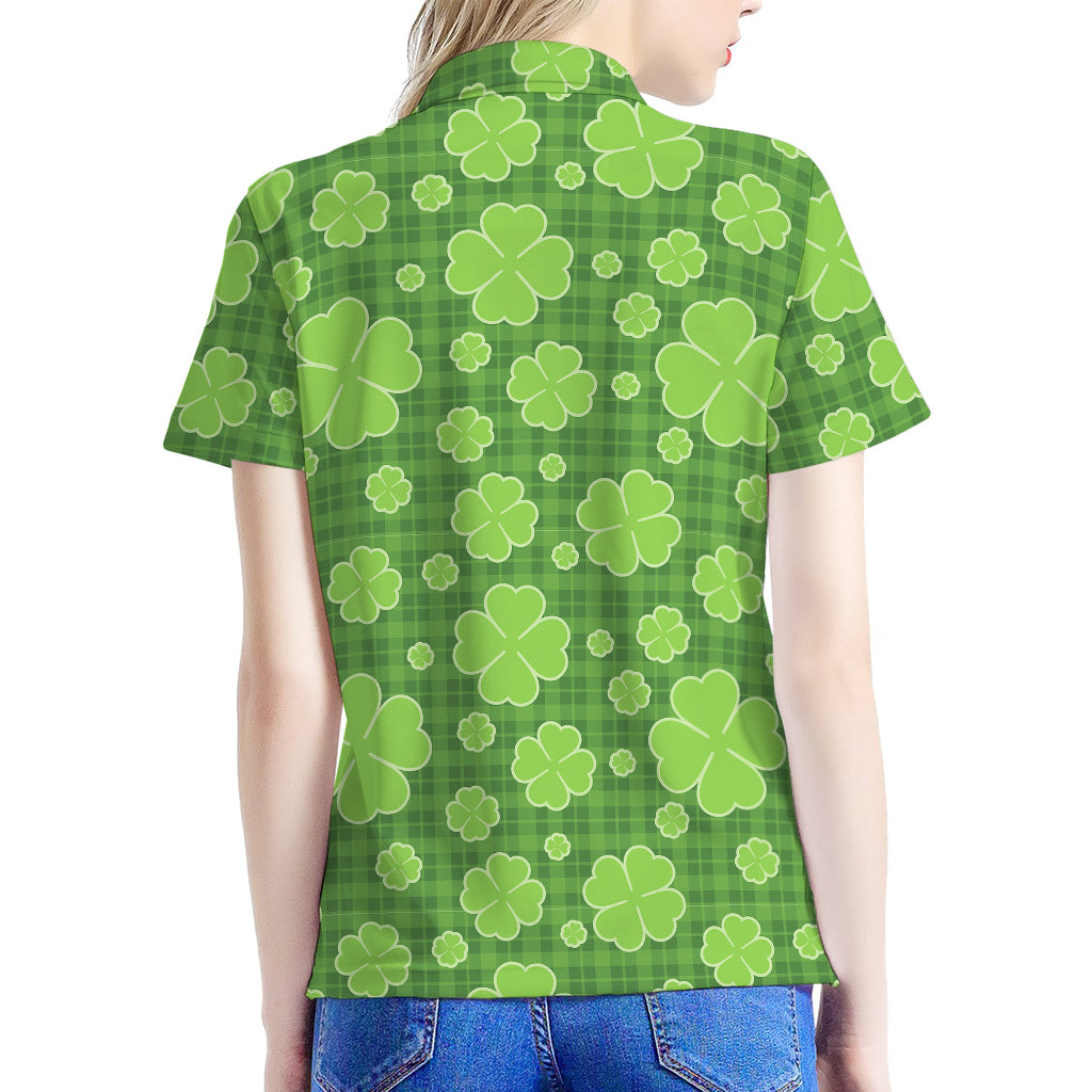 Green Shamrock Plaid Pattern Print Women's Polo Shirt