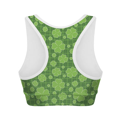 Green Shamrock Plaid Pattern Print Women's Sports Bra