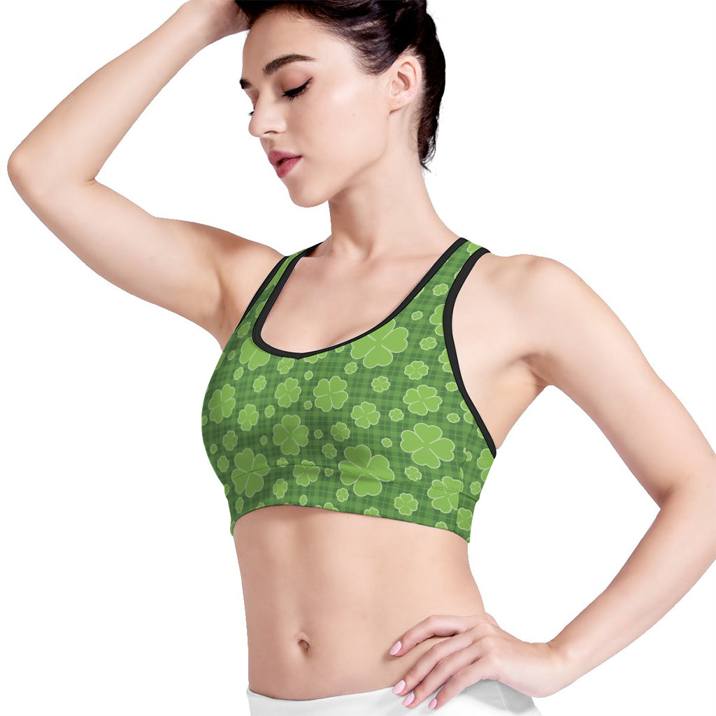 Green Shamrock Plaid Pattern Print Women's Sports Bra