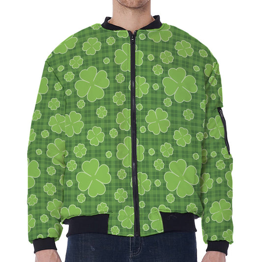 Green Shamrock Plaid Pattern Print Zip Sleeve Bomber Jacket