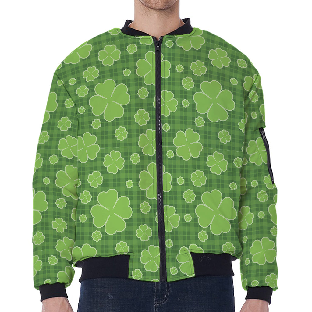 Green Shamrock Plaid Pattern Print Zip Sleeve Bomber Jacket