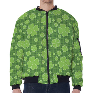 Green Shamrock Plaid Pattern Print Zip Sleeve Bomber Jacket