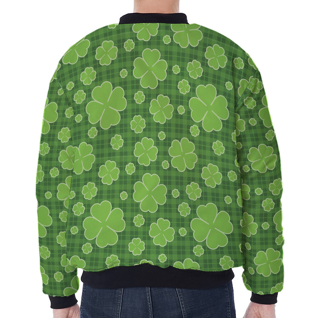 Green Shamrock Plaid Pattern Print Zip Sleeve Bomber Jacket