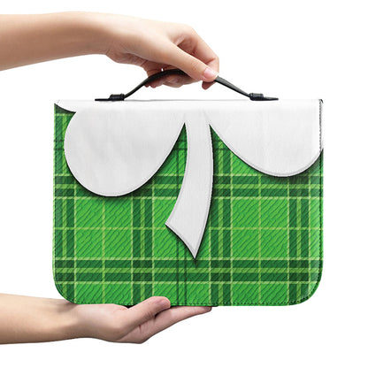 Green Shamrock Tartan Print Leather Bible Cover