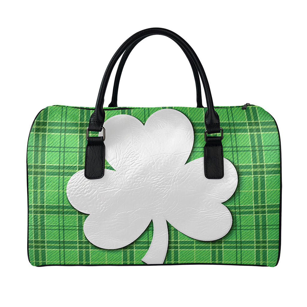 Green Shamrock Tartan Print Leather Duffle Bag