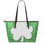 Green Shamrock Tartan Print Leather Tote Bag