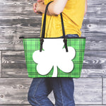 Green Shamrock Tartan Print Leather Tote Bag