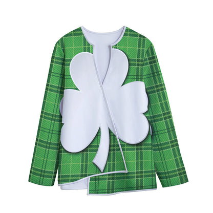 Green Shamrock Tartan Print Long Sleeve Short Coat