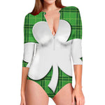 Green Shamrock Tartan Print Long Sleeve Swimsuit