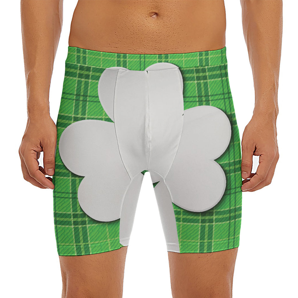Green Shamrock Tartan Print Men's Long Boxer Briefs