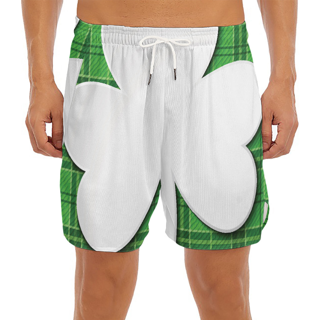 Green Shamrock Tartan Print Men's Split Running Shorts