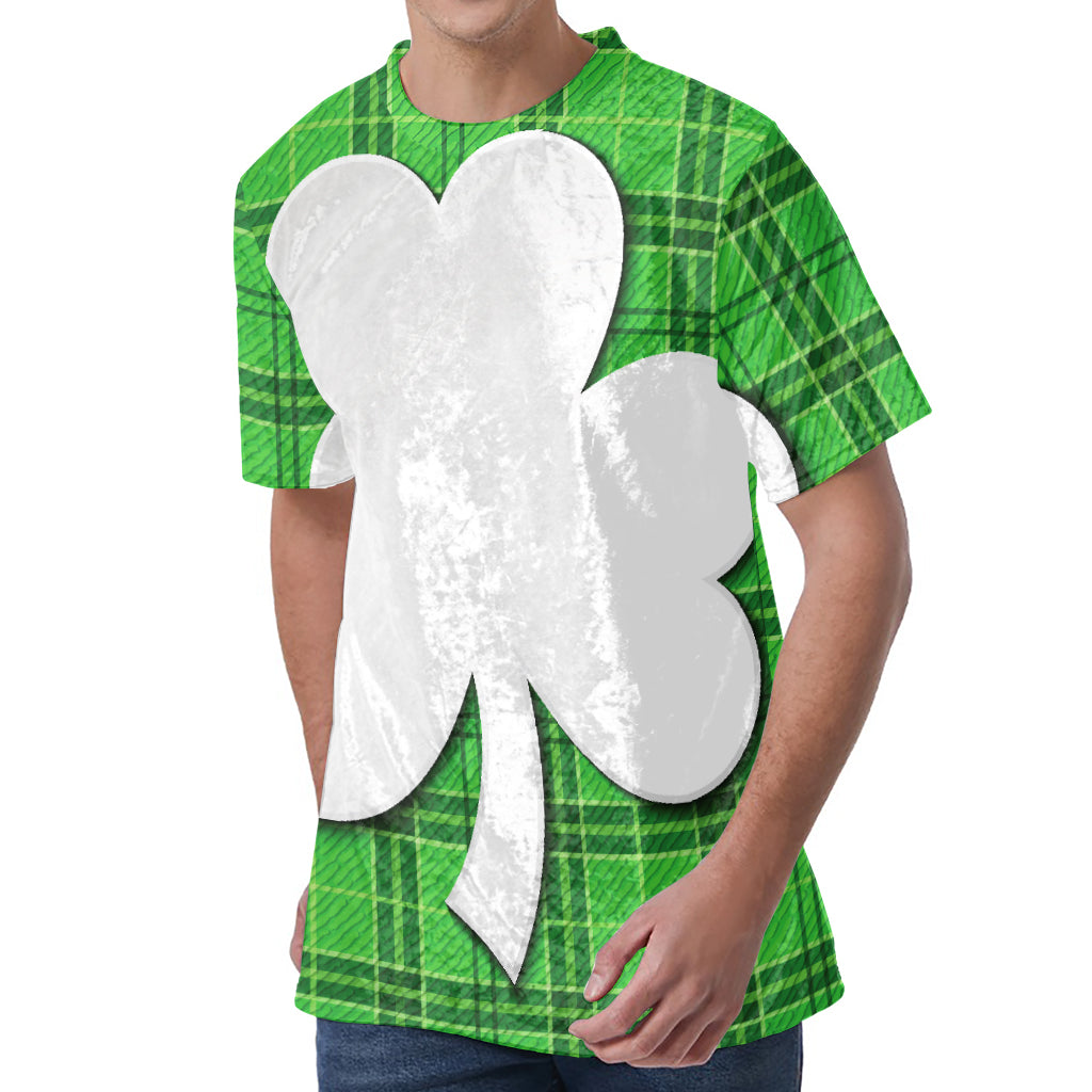 Green Shamrock Tartan Print Men's Velvet T-Shirt