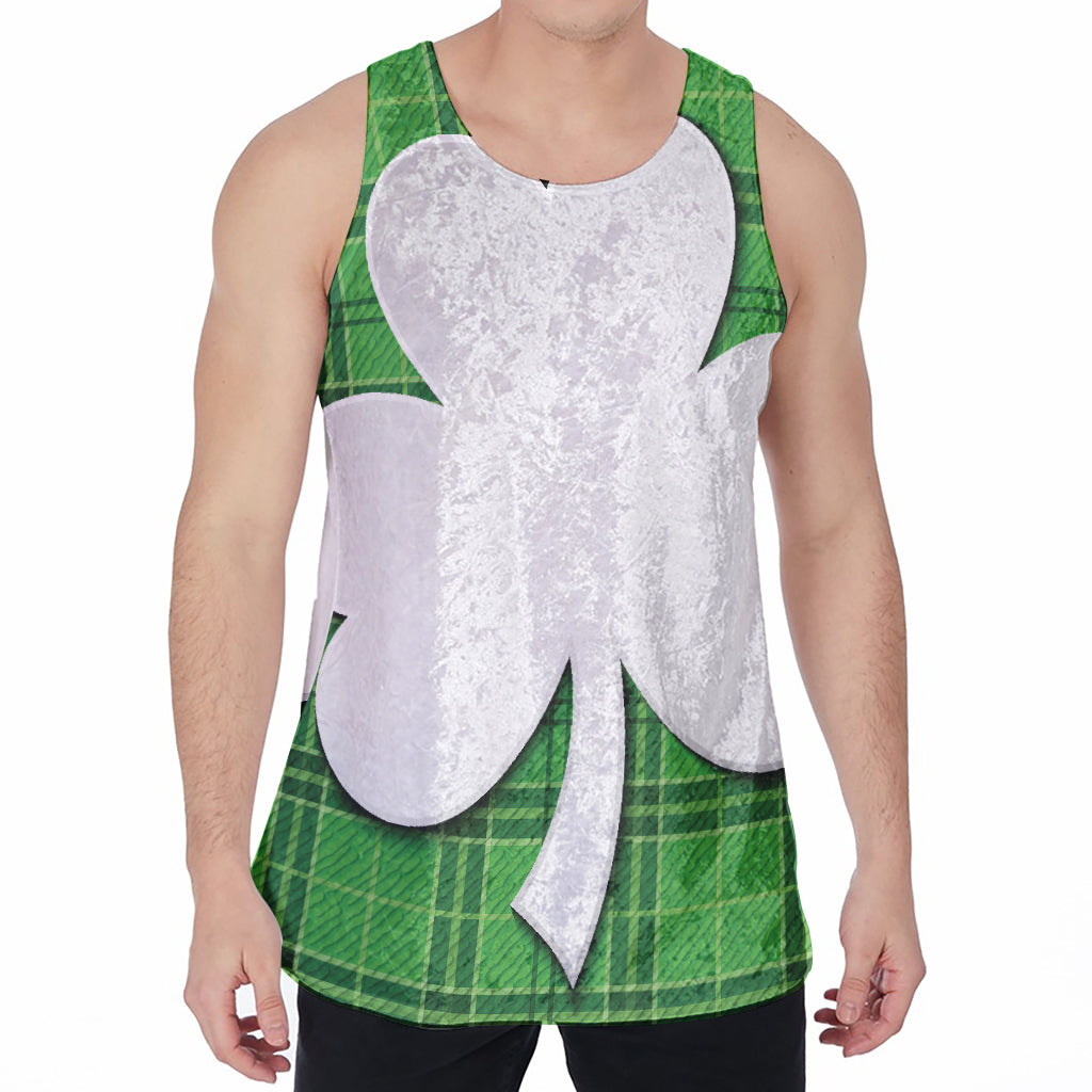 Green Shamrock Tartan Print Men's Velvet Tank Top