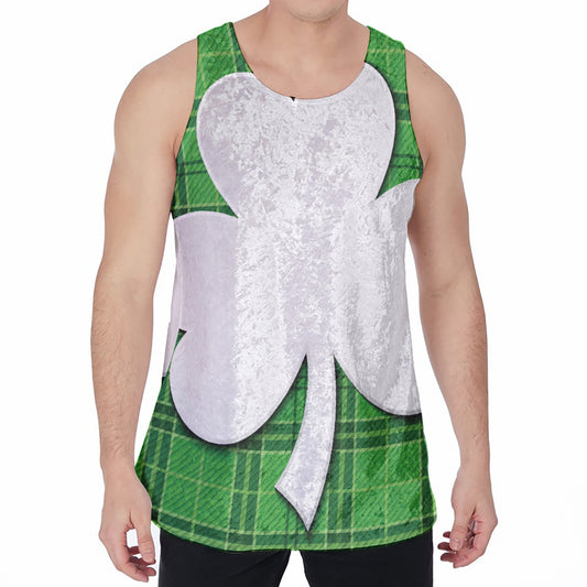 Green Shamrock Tartan Print Men's Velvet Tank Top