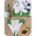 Green Shamrock Tartan Print One Shoulder Bikini Top