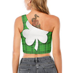 Green Shamrock Tartan Print One Shoulder Crop Top