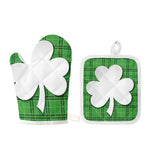 Green Shamrock Tartan Print Oven Mitt And Pot Holder Set