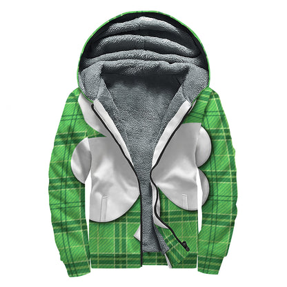 Green Shamrock Tartan Print Sherpa Lined Zip Up Hoodie