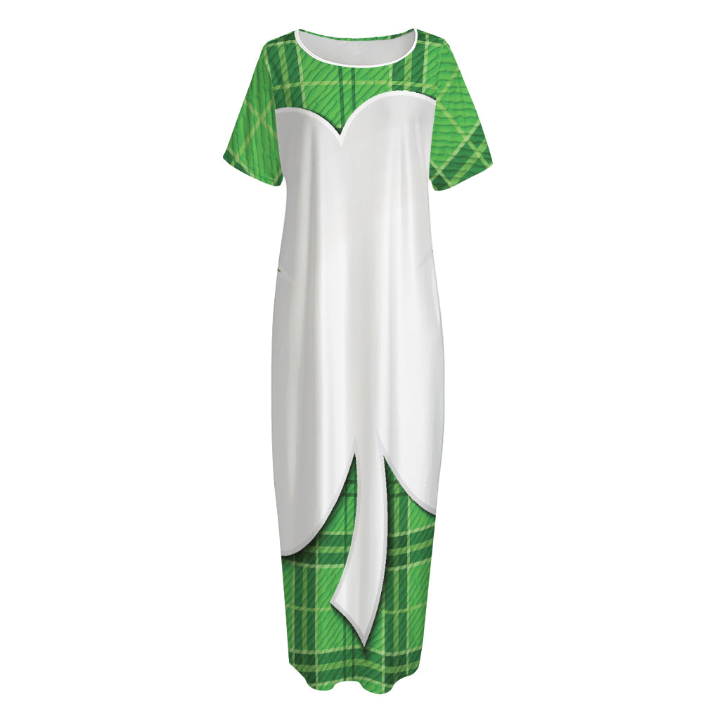 Green Shamrock Tartan Print Short Sleeve Long Nightdress