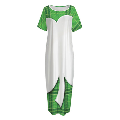 Green Shamrock Tartan Print Short Sleeve Long Nightdress