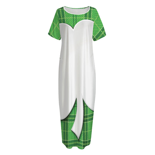 Green Shamrock Tartan Print Short Sleeve Long Nightdress