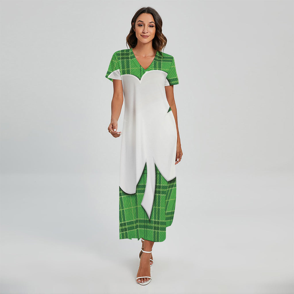 Green Shamrock Tartan Print Short Sleeve Maxi Dress