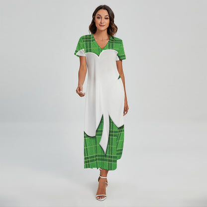 Green Shamrock Tartan Print Short Sleeve Maxi Dress