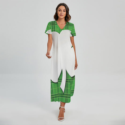 Green Shamrock Tartan Print Short Sleeve Maxi Dress