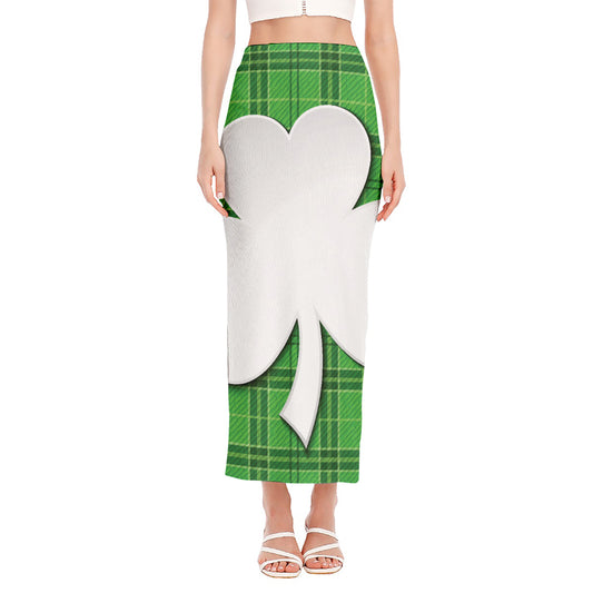 Green Shamrock Tartan Print Side Slit Maxi Skirt