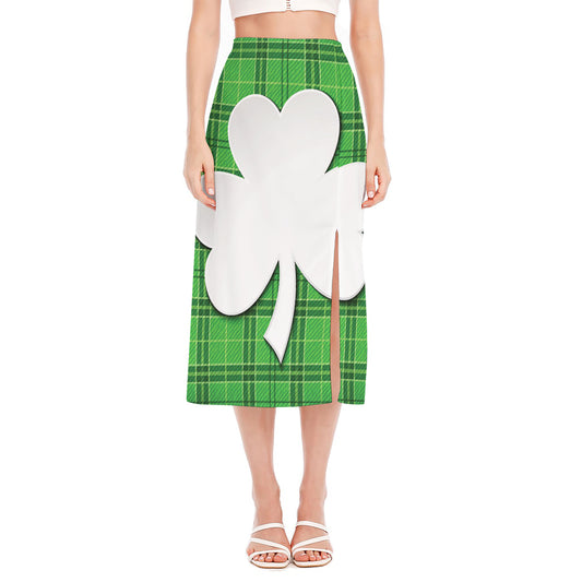 Green Shamrock Tartan Print Side Slit Midi Skirt