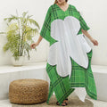 Green Shamrock Tartan Print Silk V-Neck Kaftan Dress