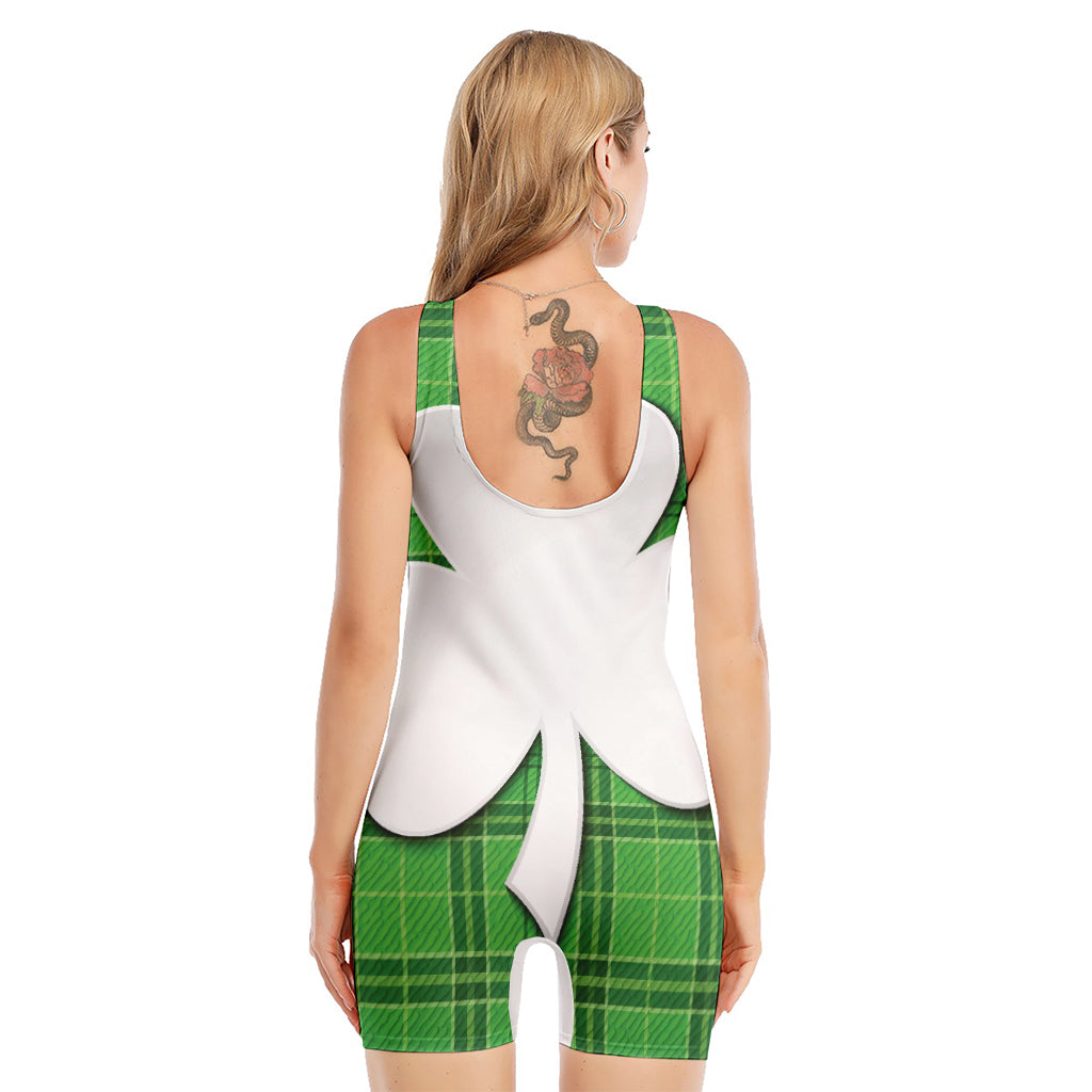 Green Shamrock Tartan Print Sleeveless One Piece Swimsuit