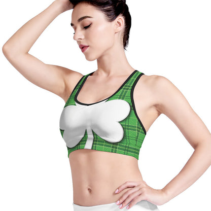 Green Shamrock Tartan Print Women's Sports Bra
